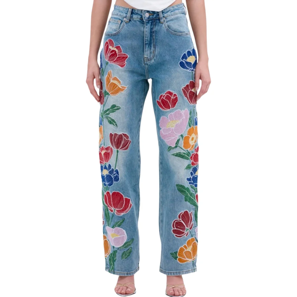 New! AKIRA Blue Jeans with Colorful Floral Embroidery - Picture 3 of 8